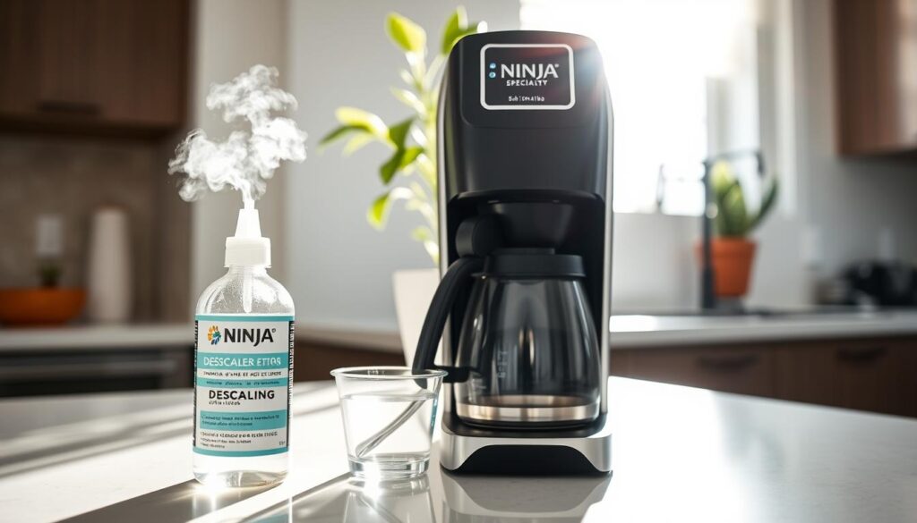 A Ninja Specialty coffee maker placed on a clean, modern kitchen countertop. In the foreground, a bottle of descaling solution with a label facing forward, alongside a small measuring cup filled with water. The coffee maker is showcasing its sleek design, with steam visibly rising from an empty carafe. In the middle background, a potted plant adds a touch of greenery, complemented by bright sunlight streaming through a nearby window, creating a warm and inviting atmosphere. The image is shot from a slightly elevated angle, emphasizing the coffee maker and descaling process while keeping a soft focus on the surroundings. Overall, the scene conveys a sense of cleanliness and efficiency, ideal for illustrating the descaling process.