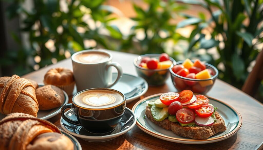A beautifully arranged breakfast table featuring a variety of enticing items that pair perfectly with coffee. In the foreground, there are fresh pastries including croissants and muffins, alongside a beautifully brewed cup of Santos coffee adorned with a delicate latte art heart. In the middle, a colorful plate holds a vibrant avocado toast topped with cherry tomatoes and radish slices, next to a small bowl of mixed seasonal fruits. The background showcases softly blurred greenery, evoking a cozy café atmosphere bathed in warm, natural light, enhancing the inviting mood. The overall tone is bright and cheerful, ideal for a relaxing morning. Capture the scene from a slightly elevated angle to emphasize the rich textures and colors of the food, making the viewer feel drawn into this morning experience.