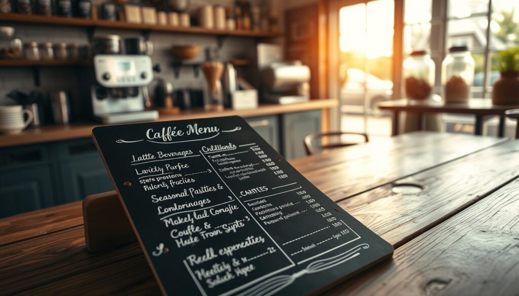 A beautifully arranged café menu displayed on a rustic wooden table in a cozy coffee bar environment. In the foreground, a handwritten chalkboard-style menu showcases a variety of beverages like lattes, espressos, and seasonal pastries, with real-time prices elegantly marked next to each item. In the middle, soft natural light filters through large, inviting windows, casting warm highlights on the menu. The background features a charming coffee counter adorned with coffee machines and glass jars of fresh pastries, creating an inviting and energetic atmosphere. Capture a close-up angle that emphasizes the textures of the handwritten menu and the cozy ambiance of the nook coffee bar, evoking a sense of comfort and excitement for today's offerings.