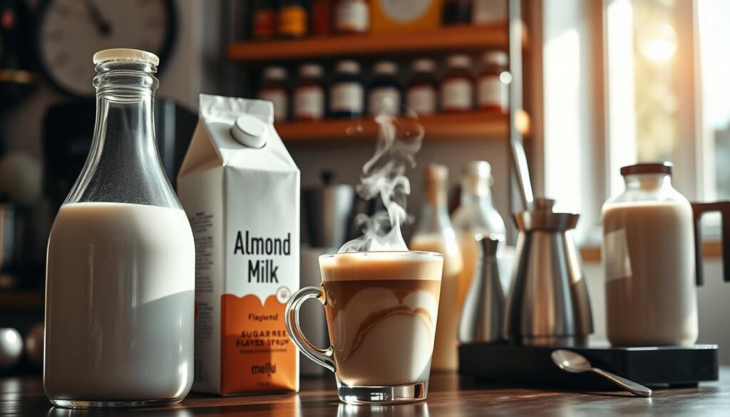 A beautifully arranged coffee bar featuring a variety of milk options prominently displayed. In the foreground, a glass jug of creamy whole milk, a carton of almond milk, and a container of oat milk stand side by side, their textures and colors contrasting vividly. The middle ground showcases a steaming cup of coffee with swirling patterns, topped with a light froth, against a backdrop of elegant coffee accessories like a frother and a teaspoon. In the background, a softly illuminated shelf holds various sugar-free flavored syrups in sleek bottles. The setting is warmly lit with natural sunlight streaming in, creating a cozy café atmosphere. A shallow depth of field focuses on the milk options while softly blurring the background, evoking a welcoming and custom coffee experience.