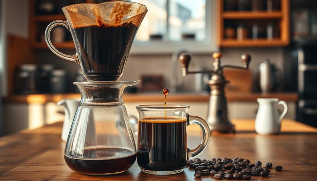 A beautifully arranged coffee brewing setup in a cozy kitchen. In the foreground, a glass coffee pour-over device with a delicate filter visibly filled with dark, aromatic coffee grounds slowly dripping rich, golden-brown liquid into a clear mug, capturing the essence of the brewing process. In the middle ground, a rustic wooden table adorned with a small milk jug and a vintage coffee grinder, suggesting the artistry involved in coffee preparation. The background features softly blurred kitchen shelves filled with jars of beans, enriching the ambiance. Warm, natural light streams through a window, casting gentle shadows, creating an inviting and serene atmosphere. The overall mood is calm and focused, illustrating the careful journey of coffee from bean to cup, accentuating the theme of caffeine extraction. A beautifully arranged coffee brewing setup in a cozy kitchen. In the foreground, a glass coffee pour-over device with a delicate filter visibly filled with dark, aromatic coffee grounds slowly dripping rich, golden-brown liquid into a clear mug, capturing the essence of the brewing process. In the middle ground, a rustic wooden table adorned with a small milk jug and a vintage coffee grinder, suggesting the artistry involved in coffee preparation. The background features softly blurred kitchen shelves filled with jars of beans, enriching the ambiance. Warm, natural light streams through a window, casting gentle shadows, creating an inviting and serene atmosphere. The overall mood is calm and focused, illustrating the careful journey of coffee from bean to cup, accentuating the theme of caffeine extraction.
