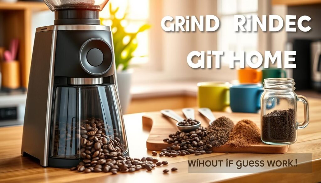 A beautifully arranged coffee grinding station in a well-lit kitchen setting. In the foreground, a sleek, modern coffee grinder with freshly ground coffee beans spilling slightly from its container, showcasing various grind sizes from coarse to fine. In the middle, a rustic wooden cutting board displaying whole coffee beans alongside measuring spoons and a glass jar filled with different grind sizes, highlighting the contrasts. The background features soft, warm lighting filtering through a window, illuminating a potted plant and colorful coffee mugs, creating a cozy and inviting atmosphere. The image conveys an educational, approachable mood, perfect for illustrating the concept of grinding coffee beans at home without guesswork.