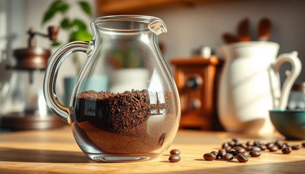 A beautifully arranged coffee grounds carafe sits in the foreground, showcasing a rich, dark layer of freshly used coffee grounds inside the glass pot. The carafe is transparent, allowing the viewer to see the texture and color of the grounds. Soft morning light streams in from the left, casting gentle shadows that highlight the rounded contours of the carafe. In the middle ground, a warm wooden countertop complements the glass, adorned with a few coffee beans scattered nearby. In the background, a hint of an inviting kitchen setting fades softly out of focus, with a vintage coffee grinder and a potted herb plant subtly enhancing the cozy atmosphere. The image conveys a calm and pragmatic mood, perfect for illustrating the preparatory steps before cleaning a coffee pot.