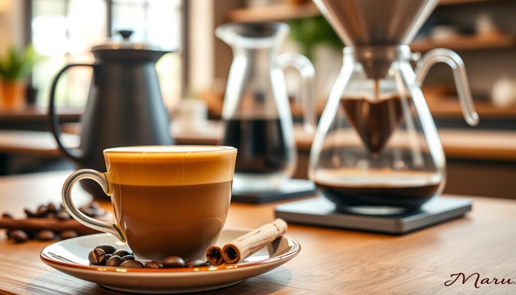 A beautifully arranged coffee scene featuring a rich espresso shot in a delicate ceramic cup, topped with a creamy layer of froth. In the foreground, a small, elegant plate holds freshly baked coffee beans and a cinnamon stick alongside the cup. The middle ground showcases a sleek, modern coffee drip setup with a glass carafe and a V60 dripper, where hot water cascades over the ground coffee, creating rich aromas. In the background, a softly blurred café environment filled with warm lighting and a rustic wooden counter adds depth. The image should have a cozy, inviting atmosphere, with natural light streaming in from a window, highlighting the textures of the coffee and the elegance of the serving ware. Capture the essence of Maru's commitment to quality and craftsmanship in every detail.
