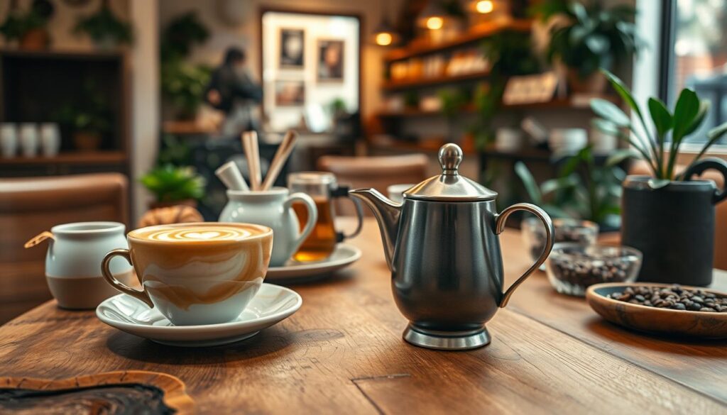 A beautifully arranged coffee scene featuring a signature drink that embodies the essence of Maru Coffee. In the foreground, a vibrant, latte art masterpiece swirls with intricate patterns in a hand-crafted ceramic cup, resting on a rustic wooden table. Beside it, a delicate side plate holds a freshly baked pastry. In the middle ground, soft, inviting elements like a steaming pot of loose-leaf tea and various add-ons like flavored syrups and spices create a warm, inviting feel. The background showcases an artisanal coffee shop interior with warm lighting, plants, and shelves lined with coffee beans. A cozy atmosphere radiates throughout the scene, capturing the essence of community and comfort in a coffee experience. The image should utilize soft focus and natural light, evoking a serene and welcoming mood.