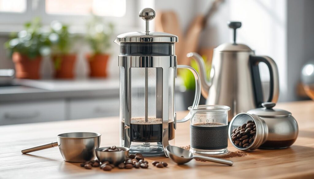 A beautifully arranged collection of French press coffee maker parts on a wooden kitchen countertop. In the foreground, display a sleek glass French press with a stainless steel plunger, alongside a shiny mesh filter and a measuring scoop. In the middle ground, include freshly ground coffee beans in a small glass jar and a kettle with steam rising from it, suggesting the brewing process. The background features a cozy kitchen setting with softly blurred herbs in pots and natural light streaming through a window, creating a warm and inviting atmosphere. Use soft focus to emphasize the details of the French press components while maintaining an overall harmonious composition, highlighting an elegant yet practical home coffee-making setup. A beautifully arranged collection of French press coffee maker parts on a wooden kitchen countertop. In the foreground, display a sleek glass French press with a stainless steel plunger, alongside a shiny mesh filter and a measuring scoop. In the middle ground, include freshly ground coffee beans in a small glass jar and a kettle with steam rising from it, suggesting the brewing process. The background features a cozy kitchen setting with softly blurred herbs in pots and natural light streaming through a window, creating a warm and inviting atmosphere. Use soft focus to emphasize the details of the French press components while maintaining an overall harmonious composition, highlighting an elegant yet practical home coffee-making setup.