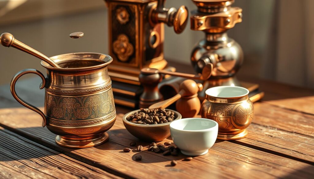 A beautifully arranged collection of Turkish coffee-making tools on a rustic wooden table. In the foreground, feature a finely crafted long-handled cezve (coffee pot) made of copper, with intricate engravings glinting in the warm, sunlight. Beside it, place a small, elegant porcelain coffee cup and a traditional sugar bowl. In the middle, display freshly ground coffee beans in a small bowl, along with a wooden coffee grinder and a spoon. The background should softly blur the image of an ornate Turkish coffee expresso machine, adding depth without distracting from the tools. Enhance the scene with soft, natural lighting that casts gentle shadows, creating a cozy, inviting atmosphere. The angle should be slightly elevated, capturing the essence of an intimate coffee preparation ritual.