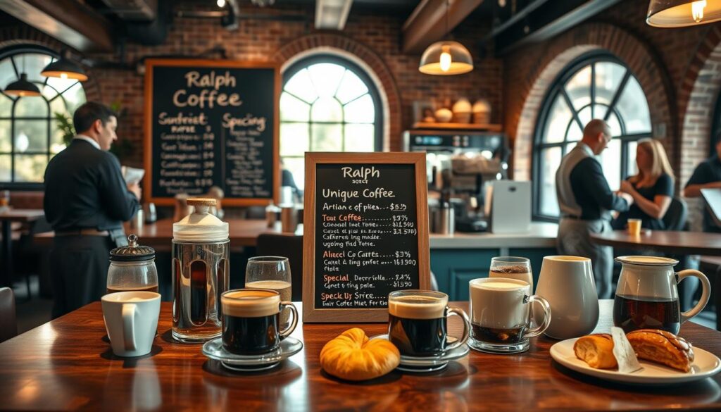 A beautifully arranged display of Ralph Coffee options in a cozy Chicago café setting. In the foreground, an elegant wooden table showcases a variety of coffee cups filled with steaming, rich espresso and artisan brewed coffee, surrounded by delicate pastries. The middle ground features a rustic chalkboard menu highlighting unique coffee pricing and special offerings in stylish handwriting. The background depicts a warm, inviting café ambiance with exposed brick walls, wooden beams, and soft lighting that casts a golden hue through large, arched windows. Patrons in professional business attire engage in conversation, enhancing the lively atmosphere, while a barista in a tailored apron expertly prepares drinks. The image captures the essence of value and quality in a Ralph Coffee stop, creating an inviting yet sophisticated mood.