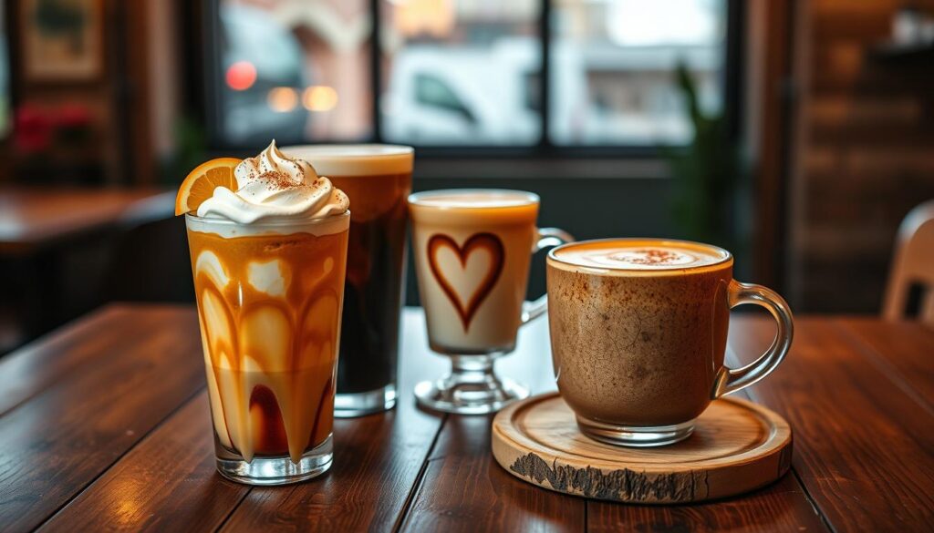A beautifully arranged display of signature drinks inspired by San Antonio, showcasing a variety of colorful coffee beverages on a rustic wooden table. In the foreground, a vibrant layered coffee drink with caramel, espresso, and whipped cream, garnished with a sprinkle of cinnamon and a slice of orange. Beside it, a classic latte art heart design in a smooth frothy cappuccino. In the middle, display a rustic ceramic mug with a rich dark brew and a sprinkle of chili powder, representing the local twist on coffee flavors. The background features warm, ambient lighting that evokes a cozy café atmosphere, with hints of San Antonio's unique architecture visible through a softly blurred window. The overall mood is inviting and rich, perfect for showcasing the artistry of coffee in this vibrant city.