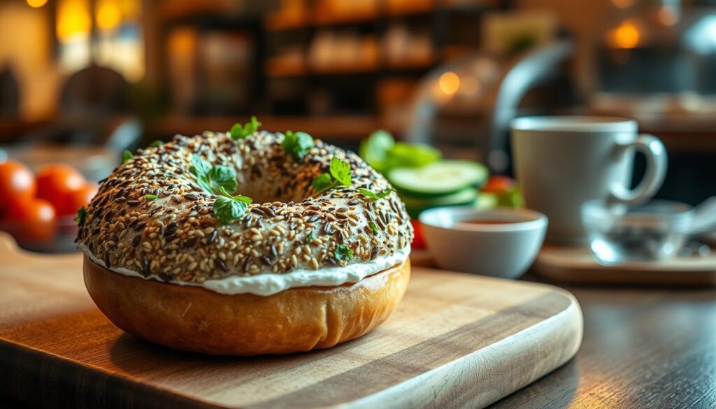 A beautifully arranged everything bagel topped with a luscious spread of cream cheese and adorned with fresh herbs, sesame seeds, and poppy seeds. In the foreground, the bagel is placed on a rustic wooden cutting board, glistening lightly in the warm, inviting light of a cozy café. In the middle ground, hints of sliced fresh vegetables, like cucumbers and tomatoes, create a vibrant contrast, while a small bowl of zesty dipping sauce adds flavor to the scene. In the background, blurred café elements like a steaming coffee cup and a subtle out-of-focus pastry display contribute to a casual, welcoming atmosphere. The lighting is soft and warm, evoking a sense of comfort and joy, perfect for a delightful lunch experience.