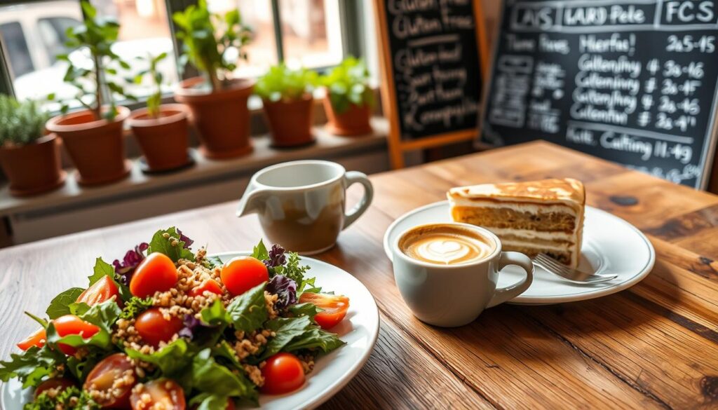 A beautifully arranged gluten-free menu on a rustic wooden table, featuring an array of colorful, appealing dishes. In the foreground, a close-up of a vibrant gluten-free salad with fresh greens, cherry tomatoes, and quinoa. The middle ground displays a warm mug of coffee adorned with delicate latte art, placed beside a slice of gluten-free cake on an elegant plate. In the background, soft natural lighting streams through a cozy café window, highlighting potted herbs and a chalkboard displaying allergen information. The scene should evoke a welcoming and health-conscious atmosphere, perfect for individuals seeking gluten-free options. Capture this moment with a slight overhead angle to create depth, emphasizing the inviting layout while maintaining a sharp focus on the menu items. A beautifully arranged gluten-free menu on a rustic wooden table, featuring an array of colorful, appealing dishes. In the foreground, a close-up of a vibrant gluten-free salad with fresh greens, cherry tomatoes, and quinoa. The middle ground displays a warm mug of coffee adorned with delicate latte art, placed beside a slice of gluten-free cake on an elegant plate. In the background, soft natural lighting streams through a cozy café window, highlighting potted herbs and a chalkboard displaying allergen information. The scene should evoke a welcoming and health-conscious atmosphere, perfect for individuals seeking gluten-free options. Capture this moment with a slight overhead angle to create depth, emphasizing the inviting layout while maintaining a sharp focus on the menu items.