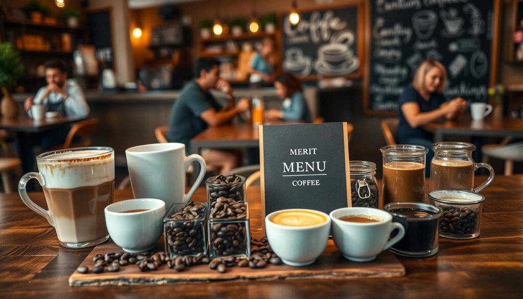 A beautifully arranged merit coffee menu displayed on a rustic wooden table, featuring an assortment of café drinks such as lattes, cappuccinos, and espresso shots in elegant ceramic cups. Include various types of coffee beans in small glass jars, showcasing their rich textures and colors. In the background, a cozy café atmosphere with warm ambient lighting, soft focus on patrons enjoying their drinks, and a chalkboard with hand-drawn coffee illustrations. The scene should be inviting and vibrant, highlighting the artisanal quality of the coffee offerings. Use a shallow depth of field to emphasize the menu details in the foreground while creating a warm, welcoming ambiance throughout the image. A beautifully arranged merit coffee menu displayed on a rustic wooden table, featuring an assortment of café drinks such as lattes, cappuccinos, and espresso shots in elegant ceramic cups. Include various types of coffee beans in small glass jars, showcasing their rich textures and colors. In the background, a cozy café atmosphere with warm ambient lighting, soft focus on patrons enjoying their drinks, and a chalkboard with hand-drawn coffee illustrations. The scene should be inviting and vibrant, highlighting the artisanal quality of the coffee offerings. Use a shallow depth of field to emphasize the menu details in the foreground while creating a warm, welcoming ambiance throughout the image.