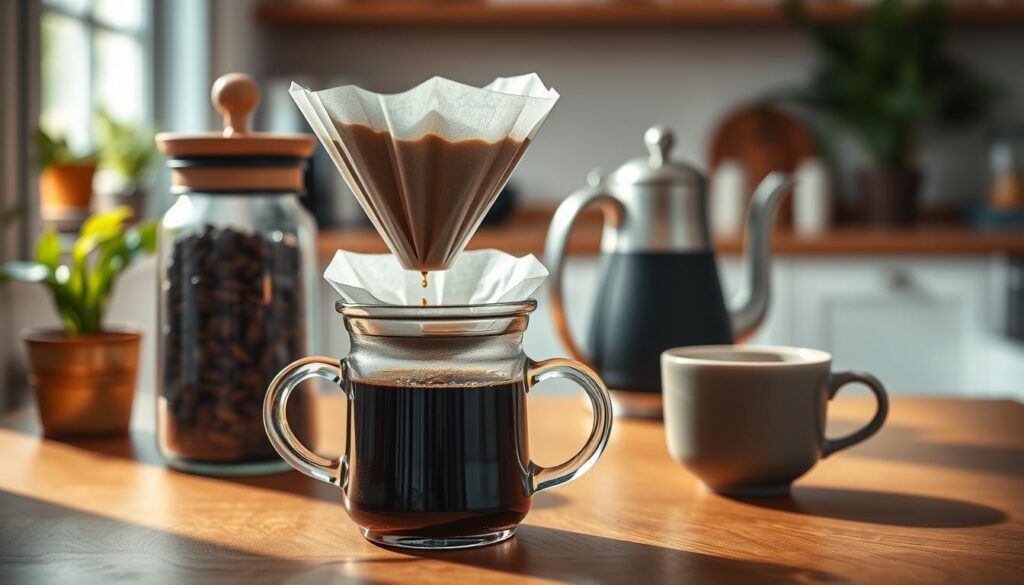 A beautifully arranged pour-over coffee setup on a wooden countertop. In the foreground, a clear glass coffee dripper perched on a ceramic mug, with freshly ground coffee gently spilling out from a small paper filter. The coffee is slowly dripping into the mug, showcasing a rich, dark brew. In the middle ground, a canister of fresh coffee beans is visible, alongside a sleek kettle with a gooseneck spout, surrounded by a couple of elegant ceramic cups. Soft, natural light filters in from a nearby window, casting a warm glow that highlights the textures of the wood and the smooth surfaces of the coffee equipment. In the background, hints of houseplants and a blurred kitchen space create a cozy and inviting atmosphere. The overall mood is calm and inviting, emphasizing the ritualistic and artisanal aspects of making pour-over coffee. A beautifully arranged pour-over coffee setup on a wooden countertop. In the foreground, a clear glass coffee dripper perched on a ceramic mug, with freshly ground coffee gently spilling out from a small paper filter. The coffee is slowly dripping into the mug, showcasing a rich, dark brew. In the middle ground, a canister of fresh coffee beans is visible, alongside a sleek kettle with a gooseneck spout, surrounded by a couple of elegant ceramic cups. Soft, natural light filters in from a nearby window, casting a warm glow that highlights the textures of the wood and the smooth surfaces of the coffee equipment. In the background, hints of houseplants and a blurred kitchen space create a cozy and inviting atmosphere. The overall mood is calm and inviting, emphasizing the ritualistic and artisanal aspects of making pour-over coffee.