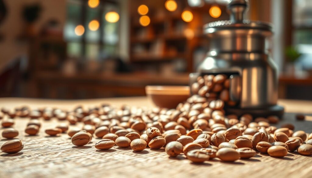 A beautifully composed image of a freshly roasted light roast coffee bean spread across a textured wooden surface. In the foreground, a few beans glisten in natural sunlight, showcasing their golden-brown hue with slightly mottled tones. In the middle, a vintage coffee grinder sits, partially filled with whole light roast beans, its metallic surfaces reflecting soft, warm light that enhances the inviting atmosphere. The background features a blurred view of a cozy coffee shop with soft bokeh lighting, creating a warm and welcoming ambiance. The overall mood is calm and inviting, aimed at evoking the comforting ritual of coffee preparation. Use a shallow depth of field to emphasize the foreground elements while maintaining a soft focus on the background. Ensure the lighting is warm and natural, enhancing the rich colors of the coffee beans. A beautifully composed image of a freshly roasted light roast coffee bean spread across a textured wooden surface. In the foreground, a few beans glisten in natural sunlight, showcasing their golden-brown hue with slightly mottled tones. In the middle, a vintage coffee grinder sits, partially filled with whole light roast beans, its metallic surfaces reflecting soft, warm light that enhances the inviting atmosphere. The background features a blurred view of a cozy coffee shop with soft bokeh lighting, creating a warm and welcoming ambiance. The overall mood is calm and inviting, aimed at evoking the comforting ritual of coffee preparation. Use a shallow depth of field to emphasize the foreground elements while maintaining a soft focus on the background. Ensure the lighting is warm and natural, enhancing the rich colors of the coffee beans.