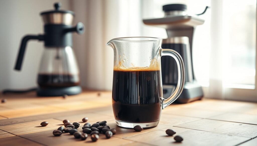 A beautifully composed image showcasing a cold brew coffee setup, with a focus on the strength and flavor of the brew. In the foreground, a sleek glass pitcher filled with rich, dark cold brew sits on a wooden surface, glistening with condensation. A few coffee beans are scattered around it, emphasizing the robust flavor. In the middle ground, a coffee grinder and a scale, accurately measuring the coffee grounds, highlight the precision needed for the perfect brew. In the background, soft, natural light filters through a window, creating a warm, inviting atmosphere, hinting at the early morning hours. The overall mood should convey a sense of calm and focus, perfect for coffee enthusiasts dialing in their ideal strength and caffeine level.