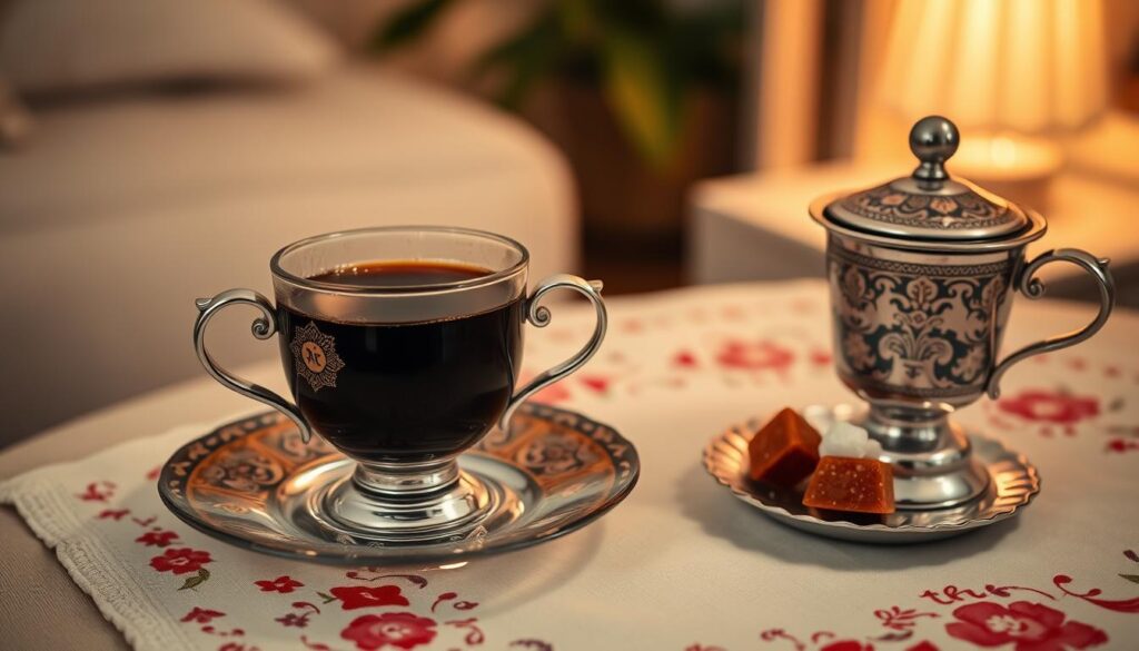 A beautifully crafted Turkish coffee cup, ornately decorated with traditional patterns and gold accents, placed on an elegant saucer. The foreground features a small, delicate silver coffee pot, known as a cezve, with rich, dark coffee bubbling just before serving. In the middle ground, a cozy, inviting coffee table is adorned with a soft, embroidered tablecloth, and a handful of sugar cubes next to a small plate of traditional Turkish delight. The background shows a serene ambient setting, with warm, soft lighting casting gentle shadows, creating a relaxed atmosphere. The shot is angled slightly from above, inviting the viewer to imagine hosting and enjoying a traditional Turkish coffee experience. The mood should reflect warmth and hospitality, emphasizing the cultural significance of serving coffee.