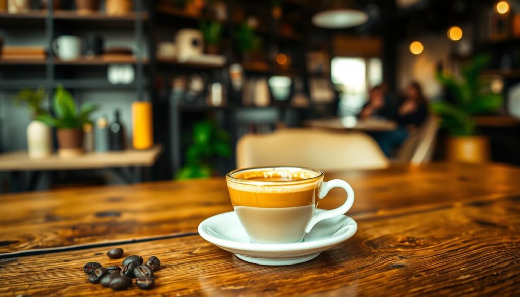 A beautifully crafted espresso shot served in a delicate white porcelain cup, set on a rustic wooden table. The rich, dark brown liquid glistens with a perfect layer of crema on top, reflecting soft, warm lighting. In the foreground, a couple of coffee beans are scattered artfully to enhance the coffee theme. In the middle ground, there’s a blurred view of an inviting coffee bistro ambiance, featuring vintage decor, soft-focus shelves lined with coffee accessories, and a hint of greenery from nearby plants. The background includes a cozy setting with patrons enjoying their drinks, creating a warm, inviting atmosphere. The overall mood is relaxed and sophisticated, perfect for a coffee connoisseur looking to indulge in specialty espresso. A beautifully crafted espresso shot served in a delicate white porcelain cup, set on a rustic wooden table. The rich, dark brown liquid glistens with a perfect layer of crema on top, reflecting soft, warm lighting. In the foreground, a couple of coffee beans are scattered artfully to enhance the coffee theme. In the middle ground, there’s a blurred view of an inviting coffee bistro ambiance, featuring vintage decor, soft-focus shelves lined with coffee accessories, and a hint of greenery from nearby plants. The background includes a cozy setting with patrons enjoying their drinks, creating a warm, inviting atmosphere. The overall mood is relaxed and sophisticated, perfect for a coffee connoisseur looking to indulge in specialty espresso.