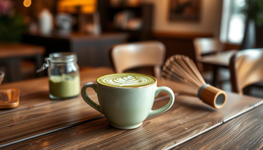 A beautifully crafted matcha latte sits elegantly in a ceramic cup on a rustic wooden table. The matcha is rich and vibrant green, topped with frothy, intricately latte art, depicting a delicate leaf design. Surrounding the cup, there are subtle hints of décor: a small jar of matcha powder and a whisk, suggesting authenticity and craft. In the background, a cozy café ambiance is created with soft, warm lighting casting gentle shadows, enhancing the inviting atmosphere. The scene is captured with a shallow depth of field, focusing on the latte while softly blurring the café interior. The overall mood is serene and inviting, perfect for showcasing a signature drink from Sawada Coffee.