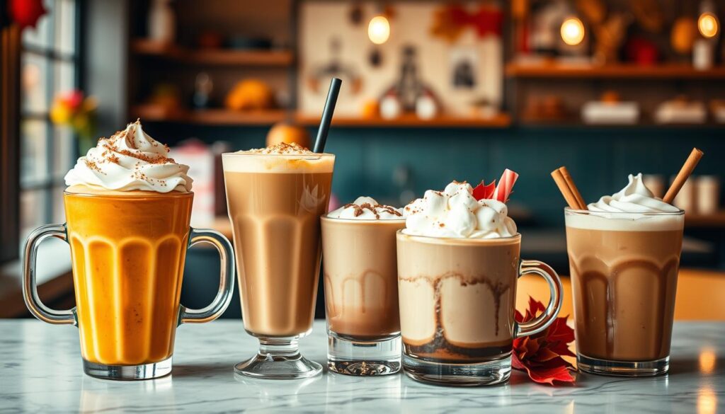 A beautifully curated lineup of seasonal drinks displayed on a stylish café counter, focusing on a variety of artisan coffee beverages. In the foreground, highlight a vibrant pumpkin spice latte topped with whipped cream and a sprinkle of cinnamon, next to a refreshing iced caramel macchiato in a clear glass. The middle ground features a rich hot chocolate adorned with marshmallows and a hint of peppermint, alongside a delicate chai tea with a cinnamon stick. The background is softly blurred, showcasing a cozy café atmosphere with warm lighting, wooden accents, and seasonal decorations like colorful autumn leaves. The scene is inviting and warm, ideal for a coffee lover's paradise. The image should be shot with a soft focus lens to enhance the warm, inviting mood.