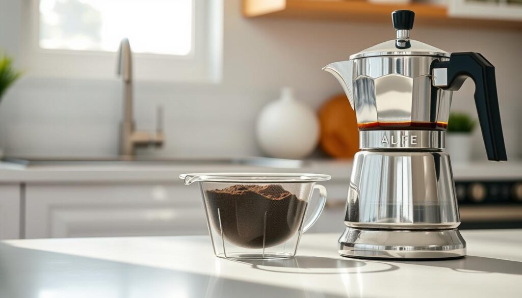 A bright and inviting coffee pot sits in the foreground, gleaming with a polished chrome finish, reflecting soft sunlight that streams in from a nearby window. The coffee pot is half-filled with freshly brewed coffee, showcasing its elegant spout and handle. In the middle ground, a filter basket is positioned beside the pot, filled with used coffee grounds, hinting at the cleaning process. The background features a clean kitchen countertop with minimalist decor, emphasizing a tidy and organized space. Natural light enhances the fresh and clean atmosphere, casting gentle shadows. The image captures a sense of warmth and comfort, perfect for illustrating a section on cleaning and maintaining a coffee maker.