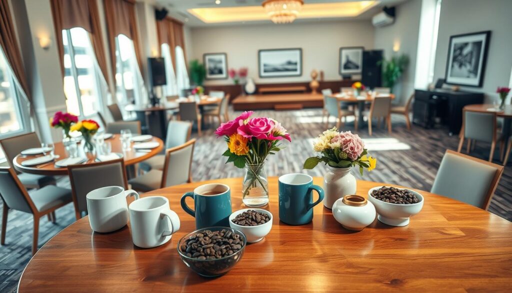 A bright, modern event room setup designed for rental, featuring elegant wooden tables adorned with vibrant floral centerpieces and neatly arranged chairs in professional business attire. In the foreground, a polished wooden table holds a rich variety of speckled hen coffee offerings, including steaming mugs and coffee beans in decorative bowls. The middle layer showcases a spacious room with large windows allowing soft, natural light to fill the space, enhancing the welcoming atmosphere. In the background, tasteful art adorns the walls, and a small stage is prepared for presentations. The camera angle captures the inviting ambiance from a slightly elevated perspective, emphasizing the room's layout and inviting decor. The overall mood is warm and professional, perfect for on-site events. A bright, modern event room setup designed for rental, featuring elegant wooden tables adorned with vibrant floral centerpieces and neatly arranged chairs in professional business attire. In the foreground, a polished wooden table holds a rich variety of speckled hen coffee offerings, including steaming mugs and coffee beans in decorative bowls. The middle layer showcases a spacious room with large windows allowing soft, natural light to fill the space, enhancing the welcoming atmosphere. In the background, tasteful art adorns the walls, and a small stage is prepared for presentations. The camera angle captures the inviting ambiance from a slightly elevated perspective, emphasizing the room's layout and inviting decor. The overall mood is warm and professional, perfect for on-site events.
