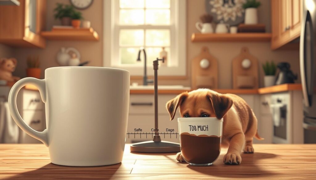 A cautionary illustration on the effects of coffee consumption near dogs. In the foreground, a whimsical scene depicts a playful dog curiously eyeing an oversized coffee cup, which should appear exaggerated and comically large, to emphasize the concept of "too much." The middle ground features a measuring scale with raised coffee bags labeled with varying amounts, illustrating safe and dangerous quantities for dogs. In the background, a cozy kitchen with warm, soft lighting enhances the homey atmosphere, highlighting a window with morning sunlight streaming in. The overall mood is light-hearted yet informative, fostering a sense of awareness about pet safety. Capture the scene from a slightly elevated angle to provide depth and clarity, focusing on the playful interaction between the dog and the coffee. A cautionary illustration on the effects of coffee consumption near dogs. In the foreground, a whimsical scene depicts a playful dog curiously eyeing an oversized coffee cup, which should appear exaggerated and comically large, to emphasize the concept of "too much." The middle ground features a measuring scale with raised coffee bags labeled with varying amounts, illustrating safe and dangerous quantities for dogs. In the background, a cozy kitchen with warm, soft lighting enhances the homey atmosphere, highlighting a window with morning sunlight streaming in. The overall mood is light-hearted yet informative, fostering a sense of awareness about pet safety. Capture the scene from a slightly elevated angle to provide depth and clarity, focusing on the playful interaction between the dog and the coffee.