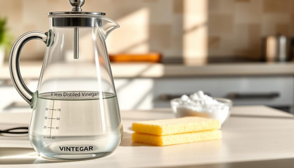 A clean and elegant coffee carafe sits prominently in the foreground, reflecting sunlight off its polished glass surface. The carafe is filled with clear distilled vinegar, highlighting the cleaning process. In the middle ground, there are various cleaning tools like a soft sponge and a small bowl filled with baking soda, arranged neatly. The background features a sunny kitchen countertop with light beige tones, adding warmth to the scene. Soft, natural lighting illuminates the whole setup, casting gentle shadows and creating a serene atmosphere. This image conveys a sense of freshness and cleanliness, perfect for illustrating the topic of cleaning kitchen items. No text, watermarks, or distractions are present in the image.