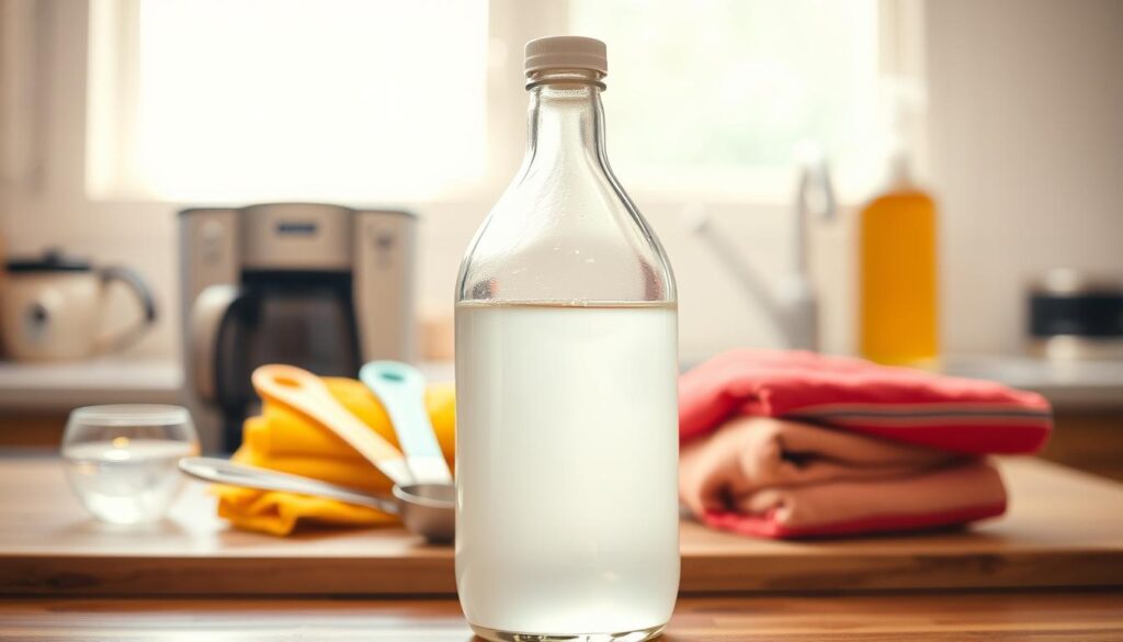 A clear glass bottle of white vinegar, prominently displayed in the foreground, captures the viewer's attention. The bottle is filled with pure, transparent liquid, reflecting light and showcasing its natural clarity. Surrounding the bottle are a few kitchen items: a clean coffee maker and measuring spoons, hinting at their use in cleaning. In the middle ground, the kitchen counter is neatly organized, featuring colorful cleaning cloths and a small bowl. The background shows a softly blurred kitchen environment, with warm, inviting lighting that enhances the domestic atmosphere. The lens captures the scene from a slightly elevated angle, emphasizing the vinegar and its relationship to the cleaning context. The overall mood is calm and organized, ready for a productive cleaning session.