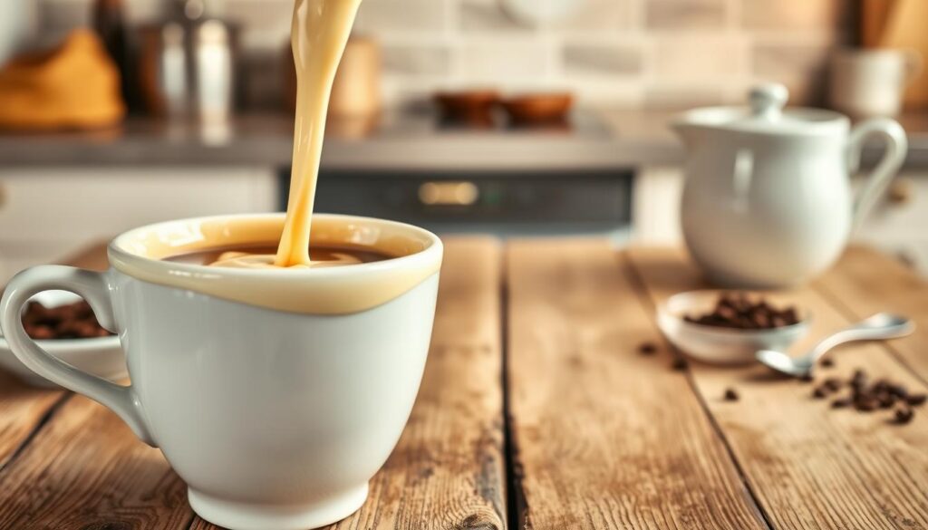 A close-up image of creamy vanilla coffee creamer pouring into a steaming cup of coffee, creating a beautiful swirl. In the foreground, the creamer is rich and smoothly textured, with warm hues of ivory and soft caramel tones reflecting light. The coffee cup, elegant and white with a subtle glazed finish, rests on a rustic wooden table. In the middle ground, a small bowl of vanilla beans, a sprinkle of coffee grounds, and a delicate spoon hint at the ingredients. The background features a softly blurred kitchen setting with warm, ambient lighting, evoking a cozy atmosphere. The scene captures the inviting essence of homemade flavor variations, making it an enticing visual for coffee lovers.