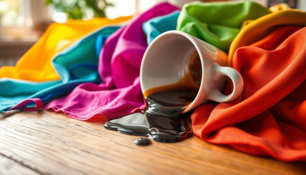 A close-up image showcasing vibrant synthetic fabrics like polyester and nylon, arranged artfully on a wooden surface. The foreground features a rich array of colors and textures, highlighting the sheen and stretch of the materials. In the middle, an elegant coffee cup tipped over with dark coffee cascading onto the fabrics, creating a contrast of the rich brown stain against the bright colors of the synthetic materials. The background is softly blurred, suggesting a warm, inviting home environment with natural light filtering in, casting gentle shadows. The mood is focused and educational, portraying the reality of coffee stains on synthetic fabrics while emphasizing the durability and resilience of these materials.
