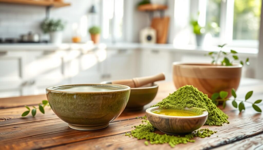 A close-up of a vibrant green bowl of matcha powder, artistically arranged with a bamboo whisk and a small stone dish of honey on a rustic wooden table. In the background, a modern kitchen with white cabinets and subtle green plants creates a fresh, inviting atmosphere. Soft, natural lighting filters through a nearby window, casting gentle shadows and enhancing the vibrant color of the matcha. The scene conveys a sense of health and wellness, suggesting the potential benefits of matcha for weight loss and metabolism. The composition should be from a slightly elevated angle to emphasize the textures and colors, creating a warm, motivating mood. No text, logos, or any identifiable branding. A close-up of a vibrant green bowl of matcha powder, artistically arranged with a bamboo whisk and a small stone dish of honey on a rustic wooden table. In the background, a modern kitchen with white cabinets and subtle green plants creates a fresh, inviting atmosphere. Soft, natural lighting filters through a nearby window, casting gentle shadows and enhancing the vibrant color of the matcha. The scene conveys a sense of health and wellness, suggesting the potential benefits of matcha for weight loss and metabolism. The composition should be from a slightly elevated angle to emphasize the textures and colors, creating a warm, motivating mood. No text, logos, or any identifiable branding.
