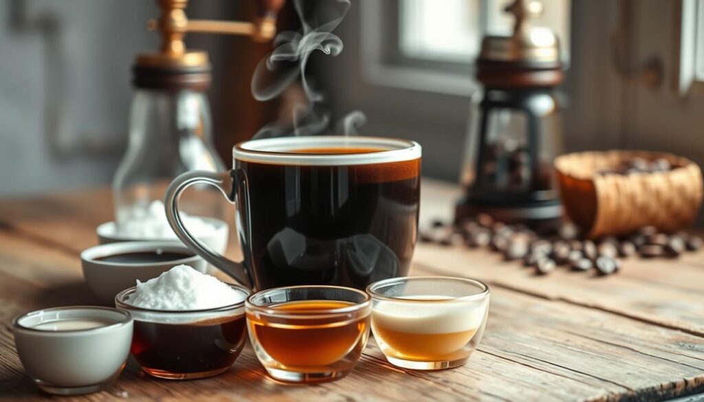 A close-up scene featuring a steaming cup of black coffee on a rustic wooden table, showcasing common coffee additives around it. In the foreground, include small bowls of sugar, cream, and flavored syrups, artistically arranged to highlight their contrasting colors and textures against the dark coffee. The middle ground reveals the coffee cup with a gentle steam rising, capturing the warmth and inviting aroma. In the background, soft, diffused lighting filters through a nearby window, casting a warm glow that enhances the cozy atmosphere. A delicate coffee grinder and a few coffee beans are subtly placed behind, enriching the scene with a sense of authenticity and depth. The overall mood is calm and contemplative, perfect for exploring the implications of additives on fasting.