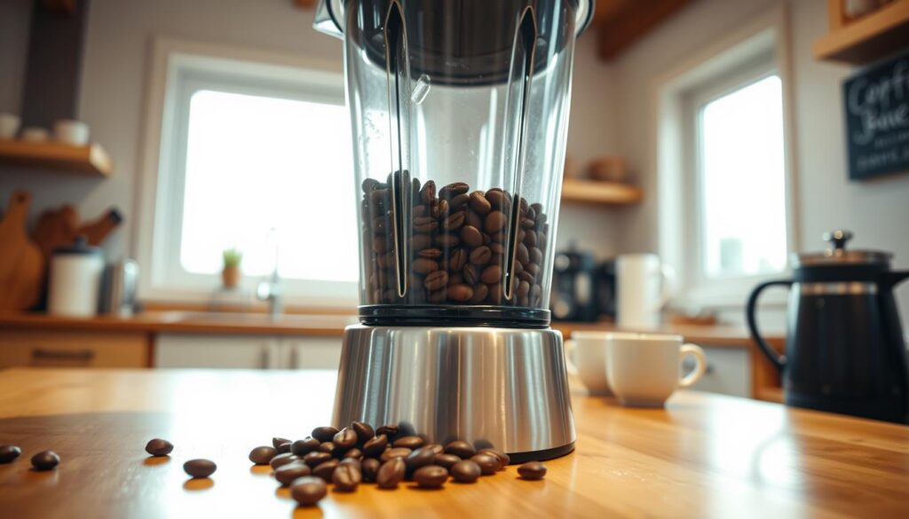 A close-up scene showcasing a modern kitchen where coffee beans are being ground in a sleek, stainless steel blender. In the foreground, the blender's lid is slightly ajar, revealing the rich brown coffee beans inside, with a few scattered beans around the base for realism. The middle ground features the blender in action, with swirling motion indicating grinding, and coffee grounds starting to form at the bottom. The background captures a warm and inviting kitchen atmosphere: wooden countertops, a bright window letting in natural light, and a few coffee-making accessories like a French press and mugs. The lighting is warm and soft, enhancing the earthy colors and creating a cozy mood. A shallow focus emphasizes the blender while subtly blurring the background.
