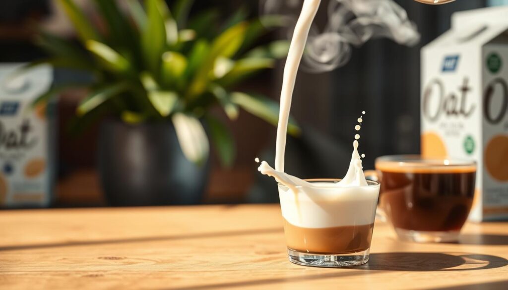 A close-up shot of a glass of creamy milk sitting on a wooden table, with a subtle steam rising from a cup of freshly brewed coffee in the background. The foreground features a splash of milk being poured into a coffee cup, capturing the swirling motion. The lighting is warm and inviting, casting soft shadows, suggesting a cozy coffee shop atmosphere. In the background, blurred hints of oat milk cartons and lush green plants create an organic feel. The image should evoke a sense of tranquility and warmth, perfect for exploring the relationship between milk and plant-based options in coffee drinks. The focus is on the milk and its interaction with coffee, showcasing both textures and colors. A close-up shot of a glass of creamy milk sitting on a wooden table, with a subtle steam rising from a cup of freshly brewed coffee in the background. The foreground features a splash of milk being poured into a coffee cup, capturing the swirling motion. The lighting is warm and inviting, casting soft shadows, suggesting a cozy coffee shop atmosphere. In the background, blurred hints of oat milk cartons and lush green plants create an organic feel. The image should evoke a sense of tranquility and warmth, perfect for exploring the relationship between milk and plant-based options in coffee drinks. The focus is on the milk and its interaction with coffee, showcasing both textures and colors.