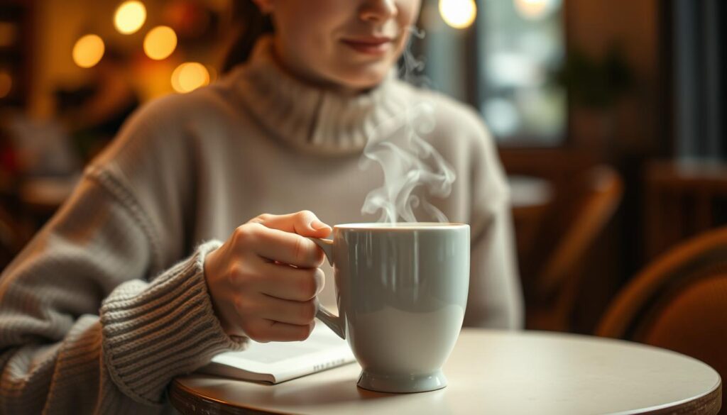 A close-up shot of a person delicately holding a steaming cup of coffee, with a focus on the gentle steam rising above the mug. The person, dressed in a cozy, modest casual sweater, is seated at a small table, looking thoughtfully at the coffee, embodying warmth and contemplation. The background features a soft-focus café setting with warm, ambient lighting to create a cozy atmosphere. A subtle hint of a book and a small plate of pastries are in the middle ground, hinting at a relaxed coffee moment. The lighting is soft and warm, enhancing the inviting feel of the scene, and the angle is slightly elevated to capture the essence of serenity in enjoying coffee again post-extraction while ensuring carefulness.