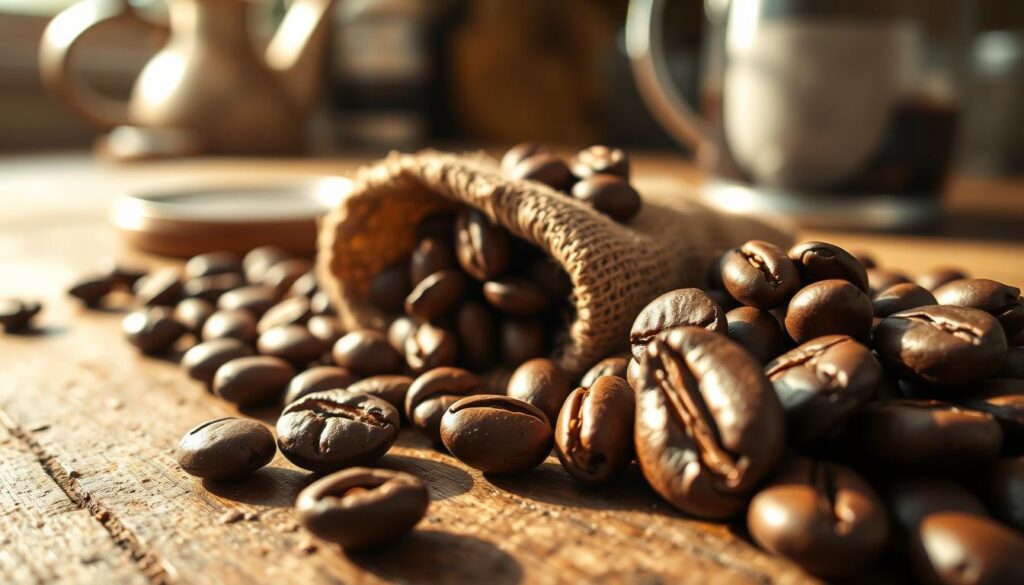 A close-up shot of rich, glossy coffee beans arranged artfully on a rustic wooden surface, highlighting their shiny, textured surfaces. In the foreground, one or two beans are half-opened to reveal their inner richness. The middle layer features a small burlap sack partially filled with more beans, adding a homely touch. Soft, warm lighting casts a gentle glow, creating shadow play that enhances the texture and warmth of the scene. The background is softly blurred, suggesting a cozy kitchen atmosphere with hints of brewing equipment like a pitcher and a scale, evoking a sense of preparation and anticipation. The overall mood is inviting and warm, perfect for an article focused on making cold brew coffee at home.