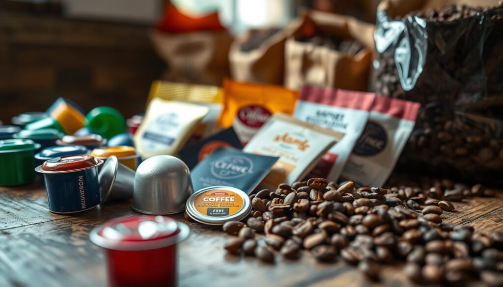 A close-up shot showcasing a variety of coffee pods, instant coffee packets, and freshly ground coffee beans, arranged artistically on a rustic wooden table. In the foreground, focus on vibrant, colorful coffee pods, with shiny surfaces reflecting ambient light. Next, the middle layer includes sealed instant coffee packets in an array of flavors, each with unique designs, slightly fanned out. In the background, a shallow depth of field reveals bags of freshly ground coffee, with rich, dark textures, evoking a warm, inviting atmosphere. Soft, natural lighting filters through a nearby window, casting gentle shadows and highlighting the rich browns and greens associated with coffee, creating a cozy and relaxed mood. A close-up shot showcasing a variety of coffee pods, instant coffee packets, and freshly ground coffee beans, arranged artistically on a rustic wooden table. In the foreground, focus on vibrant, colorful coffee pods, with shiny surfaces reflecting ambient light. Next, the middle layer includes sealed instant coffee packets in an array of flavors, each with unique designs, slightly fanned out. In the background, a shallow depth of field reveals bags of freshly ground coffee, with rich, dark textures, evoking a warm, inviting atmosphere. Soft, natural lighting filters through a nearby window, casting gentle shadows and highlighting the rich browns and greens associated with coffee, creating a cozy and relaxed mood.