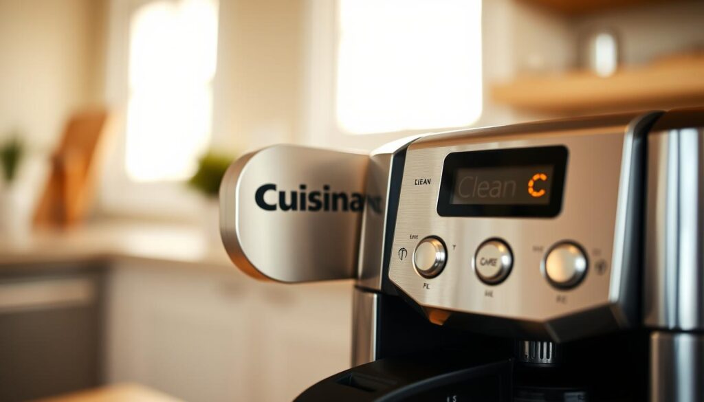 A close-up view of a Cuisinart coffee maker's control panel, prominently displaying the illuminated "Clean" light. The foreground features the sleek design of the coffee maker in shiny stainless steel, with a subtle reflection of light on its surface. The middle ground includes the buttons and digital display, hinting at functionality and care. In the background, a softly blurred kitchen setting with warm, inviting light suggests a well-maintained environment. The overall atmosphere is calm and focused, conveying a sense of taking care of household appliances. Warm natural light filters in, creating a clean, bright ambiance that emphasizes cleanliness and attention to detail. The composition is shot from a slightly elevated angle to emphasize the control panel and the glowing "Clean" light effectively.