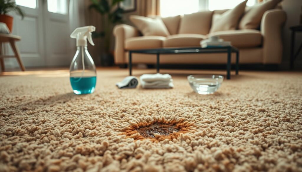 A close-up view of a plush, textured carpet in a cozy living room setting, showcasing a rich, warm hue. In the foreground, a small area features a faint coffee stain, subtly contrasted against the backdrop of the carpet's intricate patterns. The middle ground includes a few essential cleaning supplies neatly arranged: a spray bottle labeled ‘stain remover’, a clean cloth, and a small bowl of water, all reflecting diffused natural light from a nearby window. In the background, a softly lit room with a comfortable sofa and a coffee table enhances the inviting atmosphere. The scene is bright yet soothing, evoking a sense of calm as one prepares to tackle the stain. A close-up view of a plush, textured carpet in a cozy living room setting, showcasing a rich, warm hue. In the foreground, a small area features a faint coffee stain, subtly contrasted against the backdrop of the carpet's intricate patterns. The middle ground includes a few essential cleaning supplies neatly arranged: a spray bottle labeled ‘stain remover’, a clean cloth, and a small bowl of water, all reflecting diffused natural light from a nearby window. In the background, a softly lit room with a comfortable sofa and a coffee table enhances the inviting atmosphere. The scene is bright yet soothing, evoking a sense of calm as one prepares to tackle the stain.