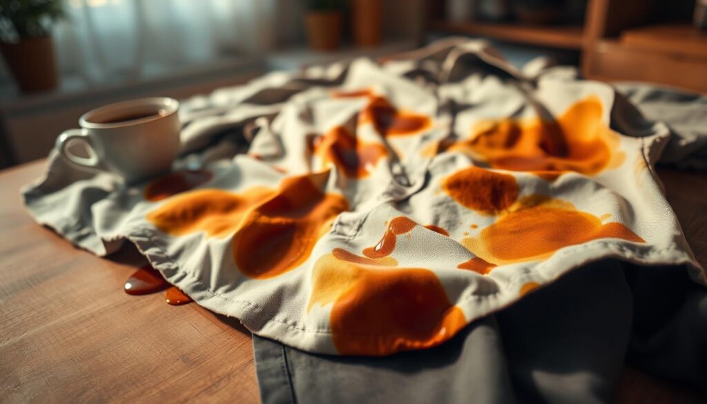 A close-up view of a shirt and pants with pronounced coffee stains, showcasing various shades of brown and dark amber on the fabric. The shirt is casually wrinkled, placed on a wooden table, with a coffee cup nearby spilling its contents slightly. In the background, a soft focus on a cozy kitchen setting with warm lighting, highlighting the morning ambiance. The lighting casts gentle shadows, creating a contemplative atmosphere around the scene. The angle is from slightly above, emphasizing the texture of the stained fabric and the interaction of the coffee with the material. Ensure there's no text or markings in the image.