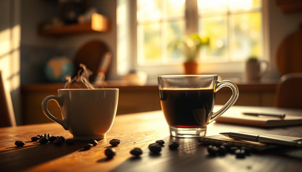 A close-up view of a steaming cup of black coffee placed on a wooden table, with a subtle, soft focus background featuring a bright kitchen ambiance. Sunlight gently streams through a window, casting warm highlights on the coffee's surface and creating a cozy atmosphere. In the foreground, the coffee cup is elegantly designed, reflecting the rich, dark color of the coffee inside. A few scattered coffee beans and a small, tasteful notepad with a pen nearby enhance the scene. The mood is introspective and serene, suggesting a moment of contemplation during a fast, ideal for anyone pondering the effects of black coffee. Use a shallow depth of field to emphasize the coffee cup, with a natural light setting to create a warm, inviting tone.