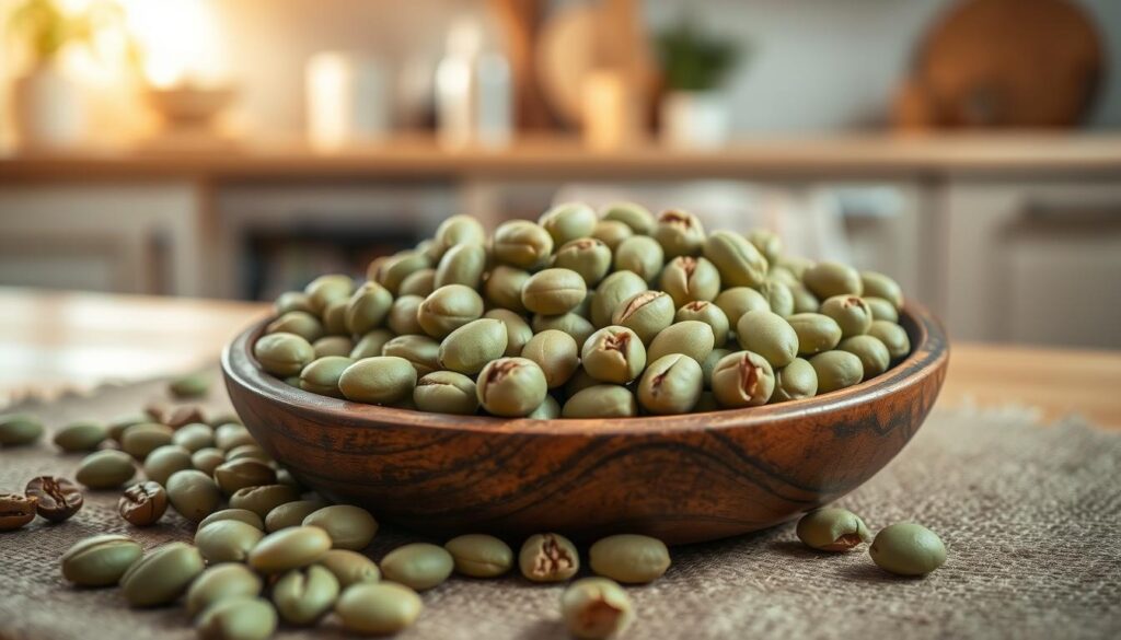 A close-up view of raw green coffee beans, nestled in a rustic wooden bowl, surrounded by a few scattered beans on a textured burlap surface. In the background, blurred out, hints of a cozy kitchen can be seen, showcasing a light-colored wooden countertop and warm, inviting lighting that creates a relaxed atmosphere. Soft sunlight filters through a nearby window, casting gentle shadows that emphasize the organic shapes of the beans. The focus is sharp on the green coffee beans, capturing their unique, light green hues and the subtle sheen on their surface. The composition should invoke a sense of preparation and anticipation, as if one is about to embark on the journey of roasting these beans to perfection. A close-up view of raw green coffee beans, nestled in a rustic wooden bowl, surrounded by a few scattered beans on a textured burlap surface. In the background, blurred out, hints of a cozy kitchen can be seen, showcasing a light-colored wooden countertop and warm, inviting lighting that creates a relaxed atmosphere. Soft sunlight filters through a nearby window, casting gentle shadows that emphasize the organic shapes of the beans. The focus is sharp on the green coffee beans, capturing their unique, light green hues and the subtle sheen on their surface. The composition should invoke a sense of preparation and anticipation, as if one is about to embark on the journey of roasting these beans to perfection.
