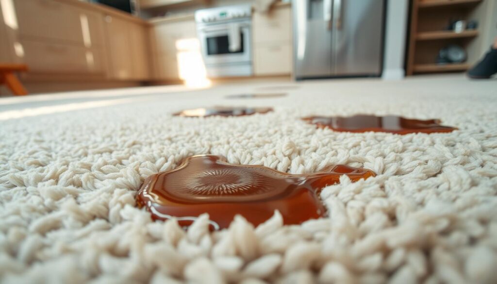 A close-up view of several distinct coffee stains on a light-colored, plush carpet, showcasing their irregular shapes and varying shades of brown. The foreground features a particularly pronounced stain, with a slightly glossy texture that highlights its freshly spilled nature. In the middle ground, additional lighter coffee marks can be seen, gently blending with the carpet fibers. The background includes an out-of-focus kitchen setting softly illuminated by diffused morning light, creating a warm and inviting atmosphere. Shot with a macro lens to capture minute details of the carpet's weave and stain texture, emphasizing the contrast between the stain and the fabric. The overall mood is a blend of urgency and hopefulness, hinting at a solution to the common household challenge of coffee spills. A close-up view of several distinct coffee stains on a light-colored, plush carpet, showcasing their irregular shapes and varying shades of brown. The foreground features a particularly pronounced stain, with a slightly glossy texture that highlights its freshly spilled nature. In the middle ground, additional lighter coffee marks can be seen, gently blending with the carpet fibers. The background includes an out-of-focus kitchen setting softly illuminated by diffused morning light, creating a warm and inviting atmosphere. Shot with a macro lens to capture minute details of the carpet's weave and stain texture, emphasizing the contrast between the stain and the fabric. The overall mood is a blend of urgency and hopefulness, hinting at a solution to the common household challenge of coffee spills.