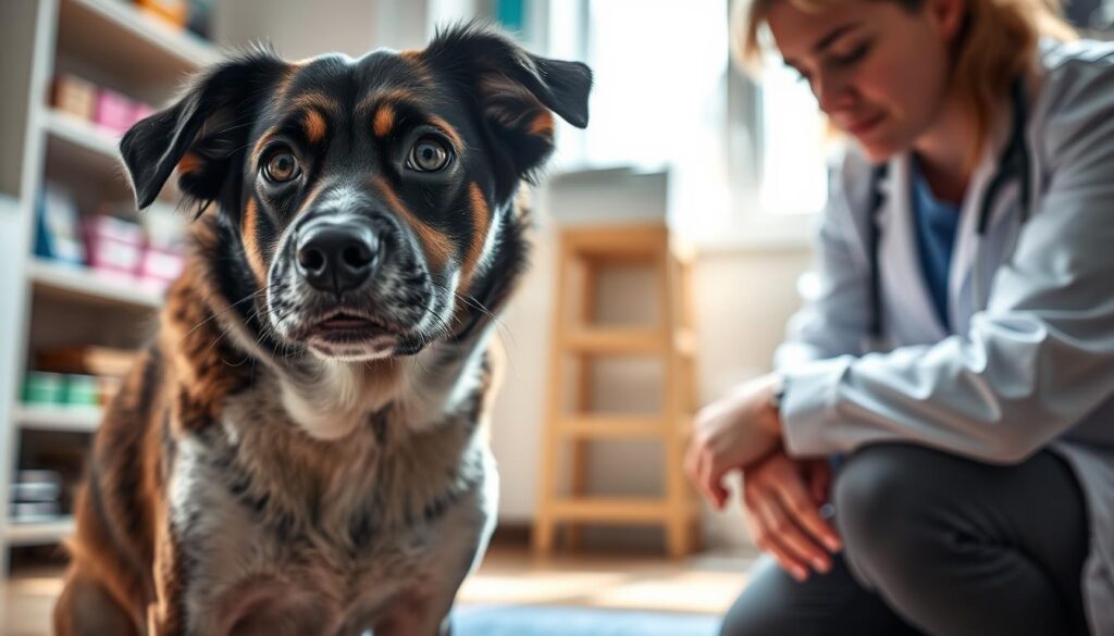 A concerned veterinarian examining a distressed dog in a cozy, softly lit clinic, focusing on the dog's anxious expression. The foreground captures the vet, dressed in professional attire, kneeling beside the dog, demonstrating compassion and urgency. The middle section features the dog showing signs of caffeine toxicity: rapid heartbeat, trembling limbs, and dilated pupils. In the background, shelves of veterinary supplies are subtly blurred, conveying a warm, supportive environment. Natural light filters through a window, enhancing the serious yet calm atmosphere. The overall mood is one of alertness and care, highlighting the importance of recognizing these distressing symptoms in pets. A concerned veterinarian examining a distressed dog in a cozy, softly lit clinic, focusing on the dog's anxious expression. The foreground captures the vet, dressed in professional attire, kneeling beside the dog, demonstrating compassion and urgency. The middle section features the dog showing signs of caffeine toxicity: rapid heartbeat, trembling limbs, and dilated pupils. In the background, shelves of veterinary supplies are subtly blurred, conveying a warm, supportive environment. Natural light filters through a window, enhancing the serious yet calm atmosphere. The overall mood is one of alertness and care, highlighting the importance of recognizing these distressing symptoms in pets.