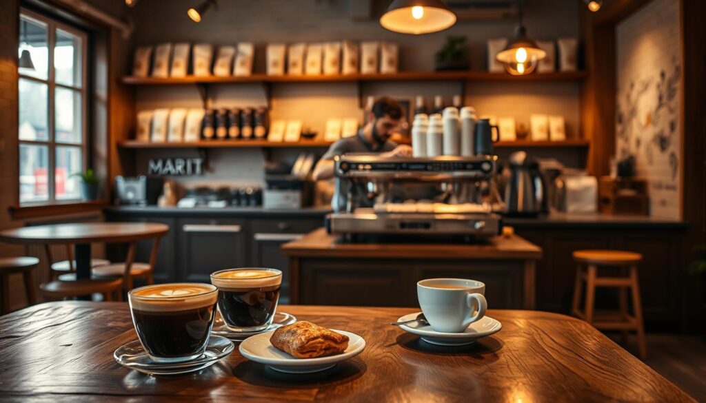 A cozy Merit Coffee café interior with warm, inviting lighting. In the foreground, a beautifully crafted wooden table features an assortment of coffee drinks, including latte art and a steaming cup of pour-over coffee, alongside small plates with pastries. In the middle, a barista in professional attire is skillfully preparing coffee behind a sleek espresso machine, showcasing the artistry of coffee-making. The background shows shelves lined with various coffee bean bags and merchandise, giving a sense of a well-stocked café. Soft, ambient lighting creates a relaxed atmosphere, while large windows let in natural light, highlighting the rich wood tones and inviting décor. The scene conveys a welcoming vibe for coffee enthusiasts. A cozy Merit Coffee café interior with warm, inviting lighting. In the foreground, a beautifully crafted wooden table features an assortment of coffee drinks, including latte art and a steaming cup of pour-over coffee, alongside small plates with pastries. In the middle, a barista in professional attire is skillfully preparing coffee behind a sleek espresso machine, showcasing the artistry of coffee-making. The background shows shelves lined with various coffee bean bags and merchandise, giving a sense of a well-stocked café. Soft, ambient lighting creates a relaxed atmosphere, while large windows let in natural light, highlighting the rich wood tones and inviting décor. The scene conveys a welcoming vibe for coffee enthusiasts.
