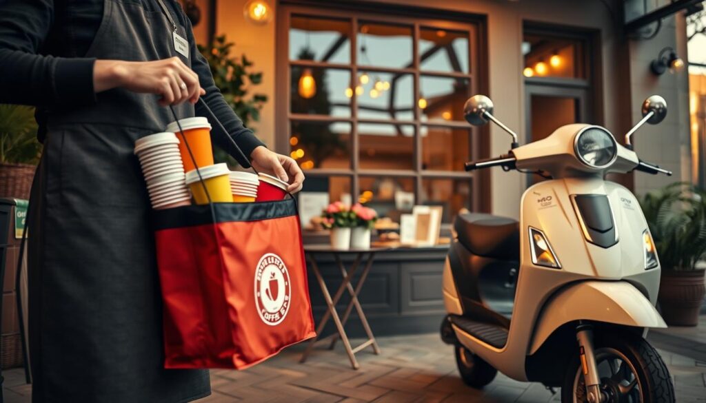 A cozy café scene focusing on coffee delivery. In the foreground, a barista in a neat apron places a colorful assortment of coffee cups in a branded delivery bag. In the middle ground, a clean delivery scooter with a coffee-themed design is parked, ready to go. Potted plants and bakery items are displayed on a small table, adding warmth to the atmosphere. The background features a charming café exterior with large windows, softly lit by the golden glow of the setting sun. Use a warm color palette to create an inviting feeling, conveying efficiency and comfort. The angle should be slightly low to emphasize the delivery action while keeping the café's cozy vibe prominent, capturing the essence of coffee delivery and pickup.