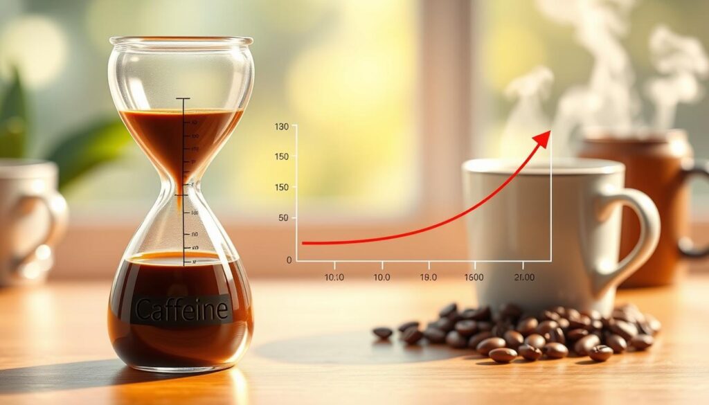 A creative illustration of "caffeine half-life" depicted scientifically. In the foreground, a stylized hourglass with brown liquid representing coffee, gradually draining into a cup labeled "Caffeine", with small lines indicating time intervals. In the middle ground, a vibrant, clear chart displaying a half-life curve, seamlessly incorporating arrows and numerical markers. The background features softly blurred coffee beans and steaming mugs, creating an inviting café ambiance. The lighting is warm and natural, mimicking early morning sunlight filtering through a window. The mood is educational and engaging, highlighting the theme of time and energy levels associated with caffeine. The image should be clear, professional, and visually captivating without any text, ensuring it conveys the section’s focus effectively.