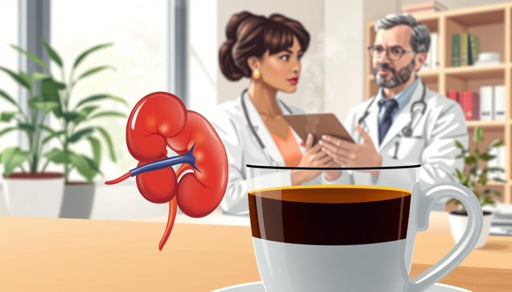 A detailed illustration depicting the concept of chronic kidney disease associated with coffee consumption. In the foreground, a close-up of a coffee cup filled with steaming coffee, accompanied by a medical diagram of the kidneys highlighting affected areas. In the middle ground, a healthcare professional in a lab coat, examining the kidney diagram with a thoughtful expression, representing research and analysis. The background features a softly blurred clinical setting, with shelves of medical books and a plant, adding a touch of warmth. Natural light filters in through a window, creating a calm, informative atmosphere. The color palette comprises soft earthy tones to evoke a sense of health and caution. A detailed illustration depicting the concept of chronic kidney disease associated with coffee consumption. In the foreground, a close-up of a coffee cup filled with steaming coffee, accompanied by a medical diagram of the kidneys highlighting affected areas. In the middle ground, a healthcare professional in a lab coat, examining the kidney diagram with a thoughtful expression, representing research and analysis. The background features a softly blurred clinical setting, with shelves of medical books and a plant, adding a touch of warmth. Natural light filters in through a window, creating a calm, informative atmosphere. The color palette comprises soft earthy tones to evoke a sense of health and caution.