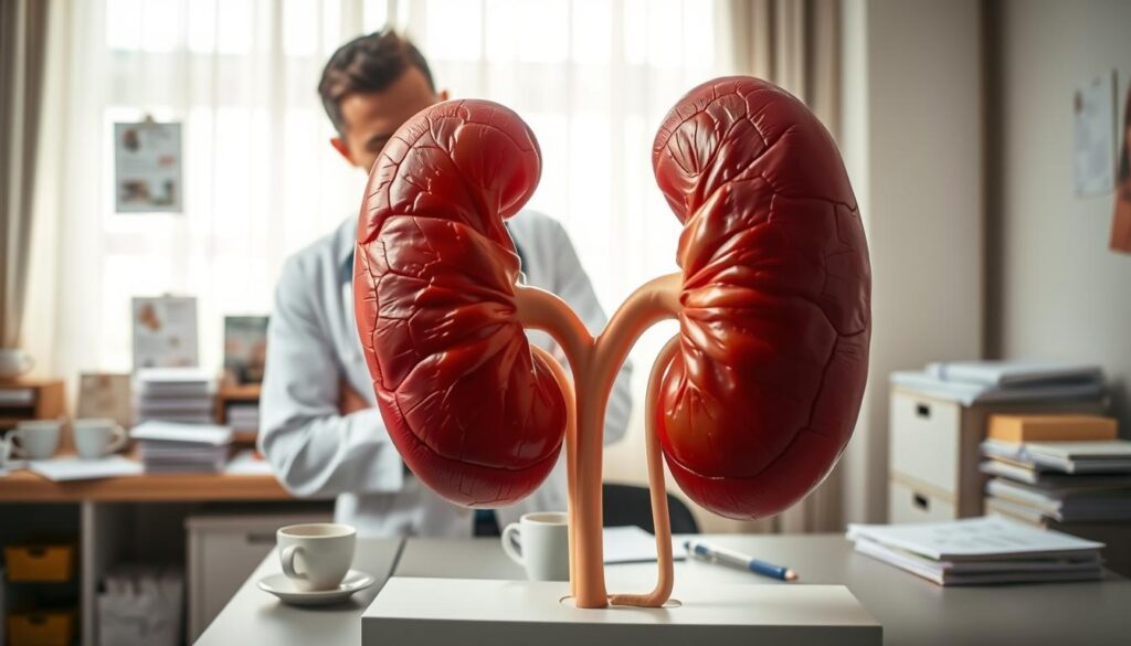 A medical professional in a white coat, attentively examining a large kidney model, showcasing the impact of chronic kidney disease. In the foreground, a detailed close-up of the kidneys, highlighting the stages of disease progression with subtle visual indicators like color shifts and texture differences. In the middle, a softly lit examination room with a desk cluttered with medical charts, coffee cups, and health pamphlets to suggest the relationship between coffee intake and kidney health. The background features a window with soft natural light filtering through sheer curtains, creating a calm and thoughtful atmosphere. The overall mood is informative and serious, emphasizing the importance of understanding chronic kidney disease stages. A medical professional in a white coat, attentively examining a large kidney model, showcasing the impact of chronic kidney disease. In the foreground, a detailed close-up of the kidneys, highlighting the stages of disease progression with subtle visual indicators like color shifts and texture differences. In the middle, a softly lit examination room with a desk cluttered with medical charts, coffee cups, and health pamphlets to suggest the relationship between coffee intake and kidney health. The background features a window with soft natural light filtering through sheer curtains, creating a calm and thoughtful atmosphere. The overall mood is informative and serious, emphasizing the importance of understanding chronic kidney disease stages.