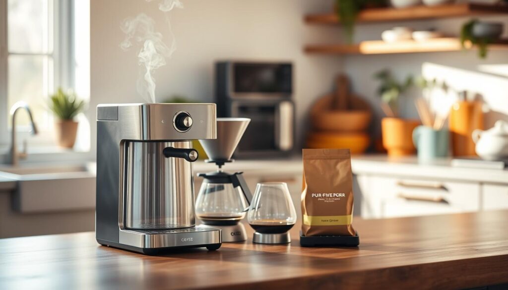 A modern coffee maker sits prominently in the foreground on a sleek, wooden countertop, showcasing its polished stainless steel finish and sophisticated design. The device is steam rising gently from the spout, capturing the essence of freshly brewed coffee. In the middle ground, a set of pour-over brewing essentials is arranged artfully, including a glass carafe, a sleek scale, and a bag of high-quality coffee beans. Soft, natural light filters through a nearby window, casting a warm glow and subtle shadows, enhancing the inviting and cozy atmosphere. In the background, a blurred kitchen scene adds depth, featuring potted plants and colorful kitchenware, creating a harmonious and homely vibe. The overall mood is serene and inspiring, embodying the perfect setup for brewing pour-over coffee. A modern coffee maker sits prominently in the foreground on a sleek, wooden countertop, showcasing its polished stainless steel finish and sophisticated design. The device is steam rising gently from the spout, capturing the essence of freshly brewed coffee. In the middle ground, a set of pour-over brewing essentials is arranged artfully, including a glass carafe, a sleek scale, and a bag of high-quality coffee beans. Soft, natural light filters through a nearby window, casting a warm glow and subtle shadows, enhancing the inviting and cozy atmosphere. In the background, a blurred kitchen scene adds depth, featuring potted plants and colorful kitchenware, creating a harmonious and homely vibe. The overall mood is serene and inspiring, embodying the perfect setup for brewing pour-over coffee.